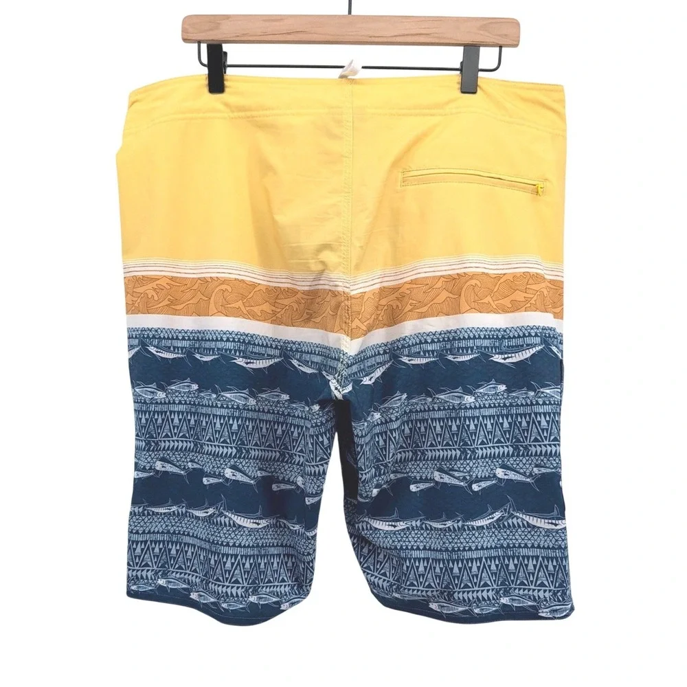 AFTCO Board Shorts Mens 36 Yellow Blue Fish Print Hybrid Performance Swim Trunks